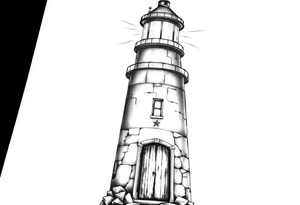 Lighthouse with beams of light with a few windows and an old door with tattoo idea