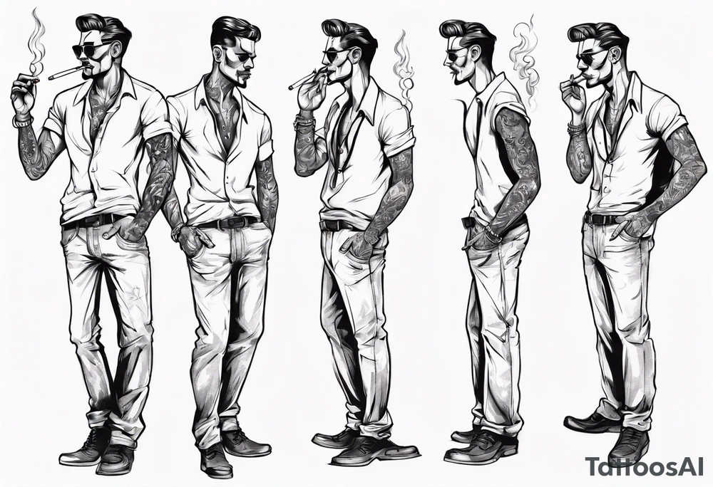 One handsome full-length man without a hat, with earrings in his ears stands smoking a cigarette tattoo idea