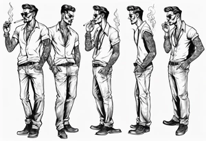 One handsome full-length man without a hat, with earrings in his ears stands smoking a cigarette tattoo idea