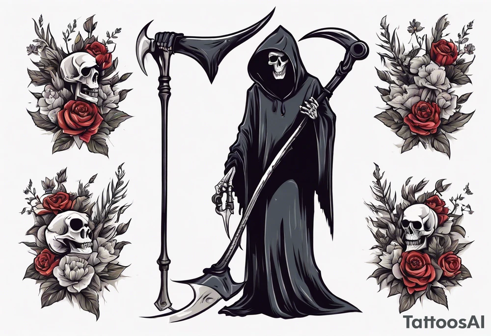 grim reaper holding scythe, half body, flowers, traditional tattoo idea