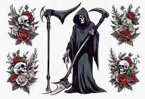 grim reaper holding scythe, half body, flowers, traditional tattoo idea