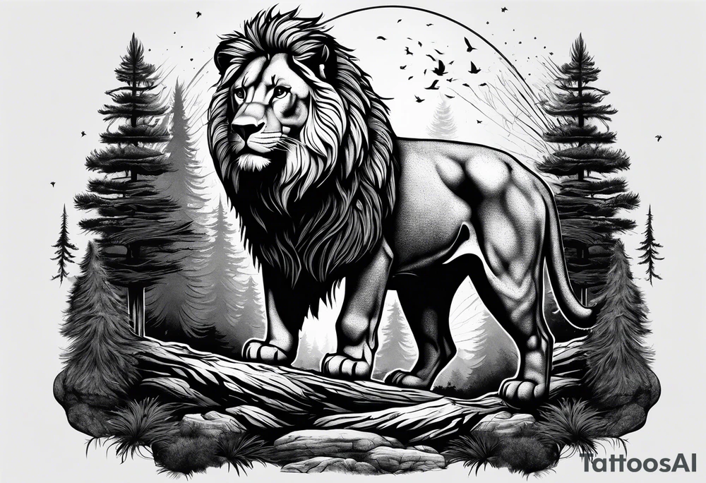 realistic dark pine forest where a small lion is walking into it.  Spiritual component tattoo idea