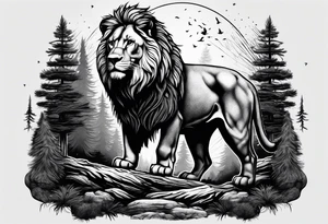 realistic dark pine forest where a small lion is walking into it.  Spiritual component tattoo idea