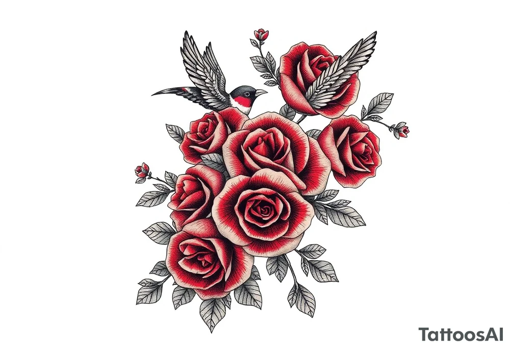 Vintage lace, red roses, red birds, vintage, wrap around, tighter together, no space open tattoo idea