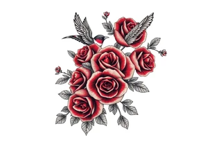 Vintage lace, red roses, red birds, vintage, wrap around, tighter together, no space open tattoo idea