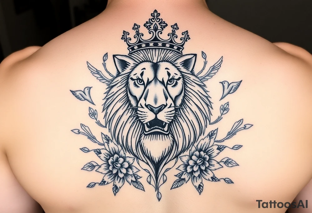 powerful majestic lion with a crown, surrounded by floral ornaments and birds tattoo idea