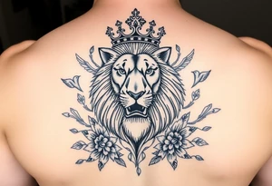powerful majestic lion with a crown, surrounded by floral ornaments and birds tattoo idea