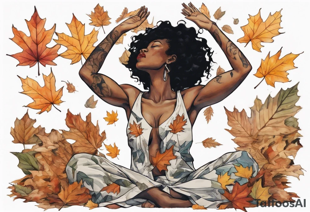 a black woman standing in a pile of fallen leaves, with feet that are tree roots, her arms raised towards the sun, tattoo idea