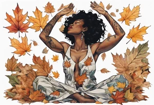 a black woman standing in a pile of fallen leaves, with feet that are tree roots, her arms raised towards the sun, tattoo idea