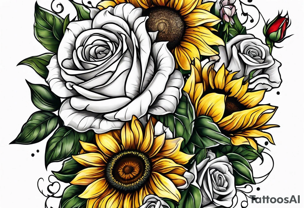 sunflower rose sweet pea bouquet tattoo idea
