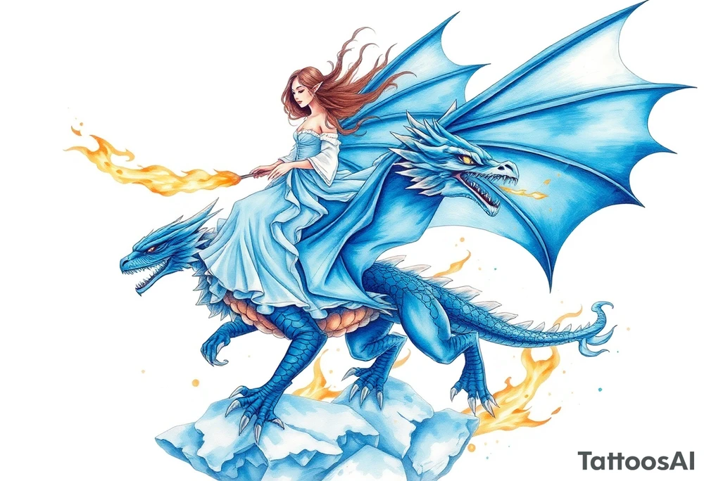 Woman riding a blue fire breathing dragon with wings spread and flying over ice tattoo idea