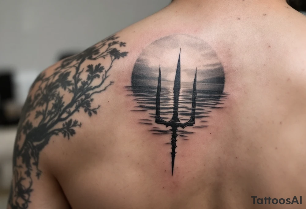 trident half way under calm water with sunset tattoo idea