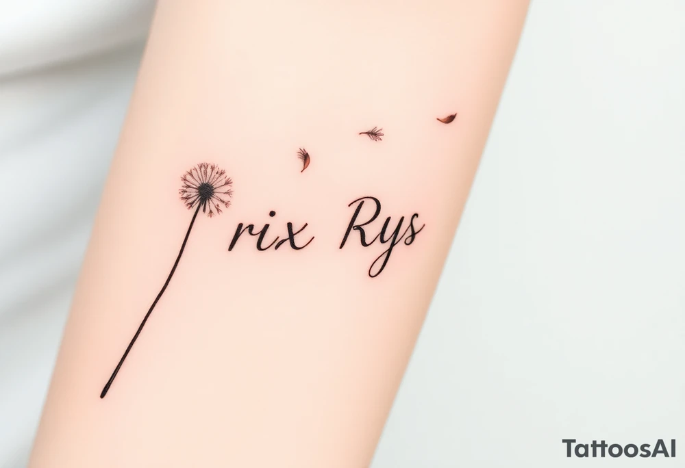 Rix Rys Ari realistic watercolor This image features a delicate dandelion tattoo on a person’s skin, with fine lines and soft shading. The dandelion’s stem extends from the bottom left corner, leading to the detailed flower head, which appears to be dispersing its seeds. The seeds are shown floating away in a natural, wind-swept motion, symbolizing freedom, change, and new beginnings.

The tattoo has a subtle watercolor effect with a gentle pinkish hue around the base of the dandelion, adding depth and softness to the design. The fine-line work gives it a refined and elegant look. tattoo idea