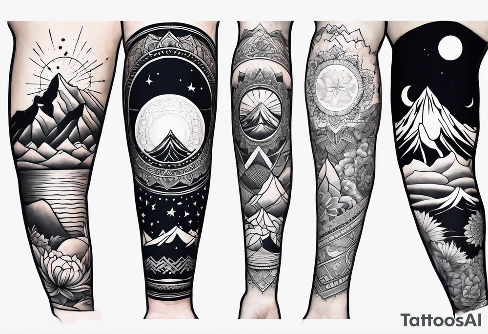 Rectangular arm tattoo around whole upper arm. Mandala inspired Design. Mountains, sea, Sky and moon are depicted. But everything seems to be upside down tattoo idea