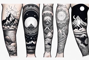 Rectangular arm tattoo around whole upper arm. Mandala inspired Design. Mountains, sea, Sky and moon are depicted. But everything seems to be upside down tattoo idea