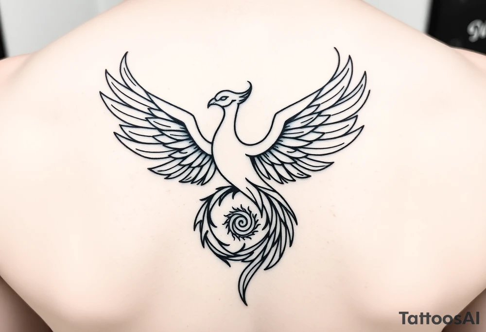 Geometric minimalist phoenix rising from its ashes, wings blending seamlessly into a Fibonacci spiral. Thin black line art, sharp and elegant symmetry, balance of chaos and order. Represents evolution, divine growth, and transformation through struggle. No shading, just clean vector geometry. tattoo idea