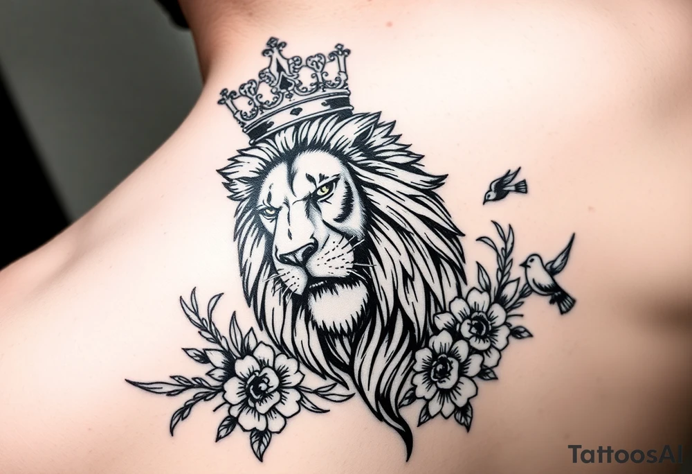 powerful majestic lion with a crown, surrounded by floral ornaments and birds tattoo idea