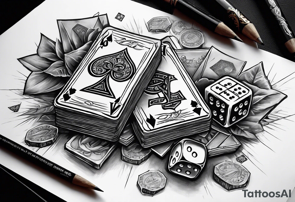 cards, money, dice, and whiskey on ice, tattoo idea