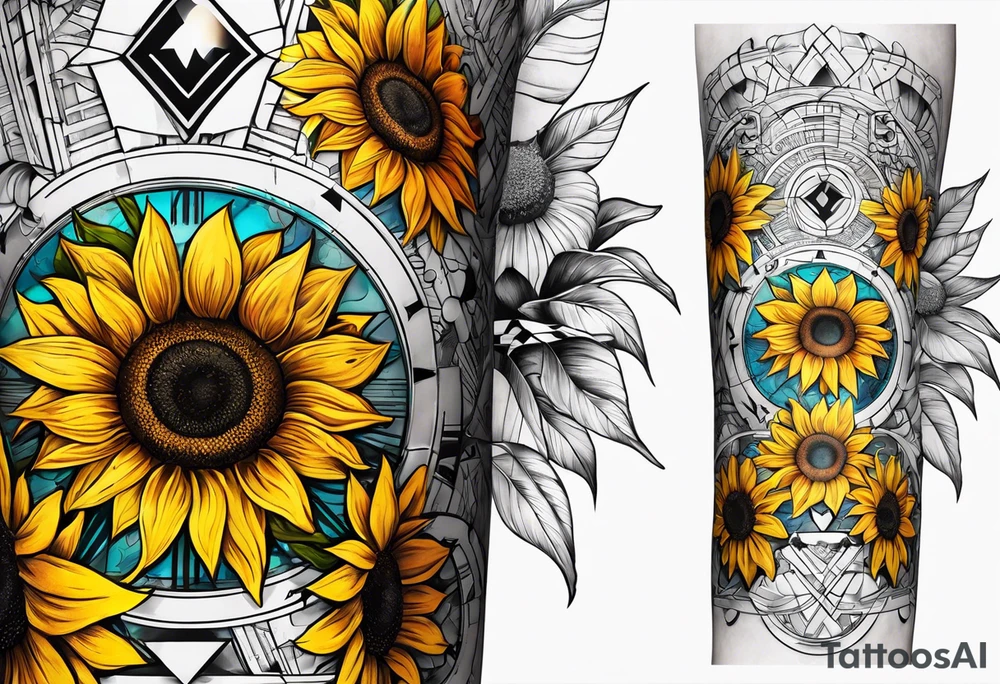 Sleeve with Roman numeral and sunflowers tattoo idea