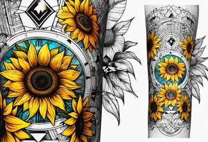 Sleeve with Roman numeral and sunflowers tattoo idea