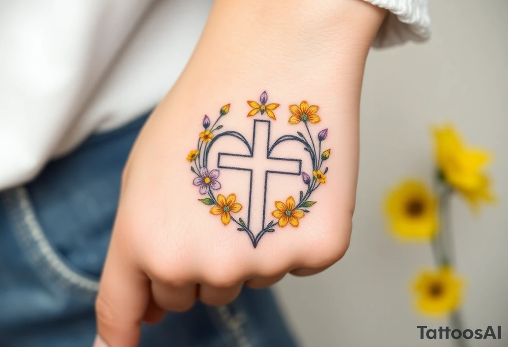 Yellow daisy Purple Hearts around a cross tattoo idea