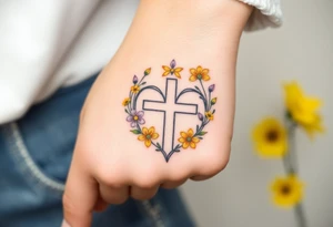 Yellow daisy Purple Hearts around a cross tattoo idea