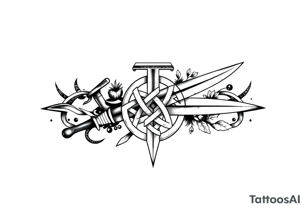Armband tattoo combining a Celtic knot with a sword and nature tattoo idea
