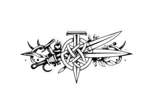 Armband tattoo combining a Celtic knot with a sword and nature tattoo idea