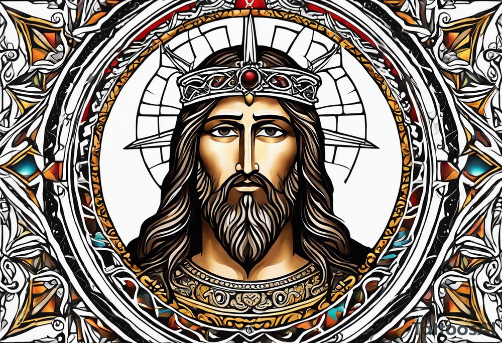 haloed head of a flat stern Byzantine Christ with all-demanding eyes tattoo idea