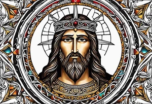 haloed head of a flat stern Byzantine Christ with all-demanding eyes tattoo idea
