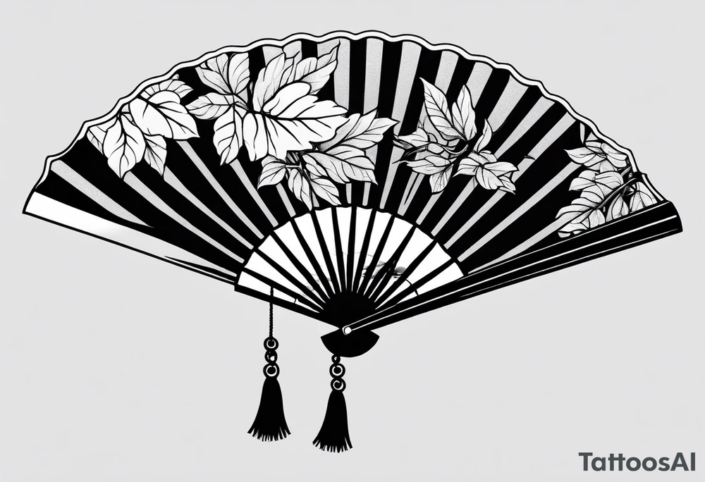 Japanese fan mostly black with basic leaves around it tattoo idea
