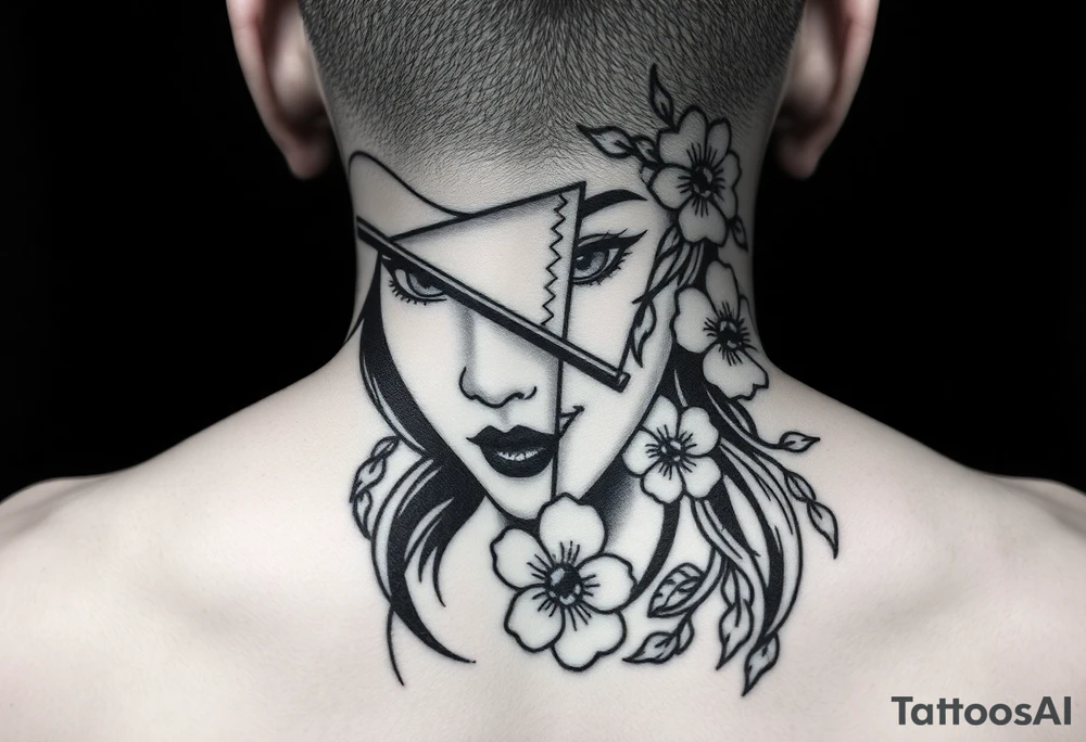 Samurai beauty Asian face and half
 with a fan across her face with cherry blossom tattoo idea