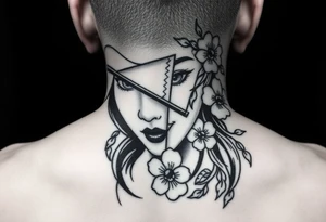 Samurai beauty Asian face and half
 with a fan across her face with cherry blossom tattoo idea