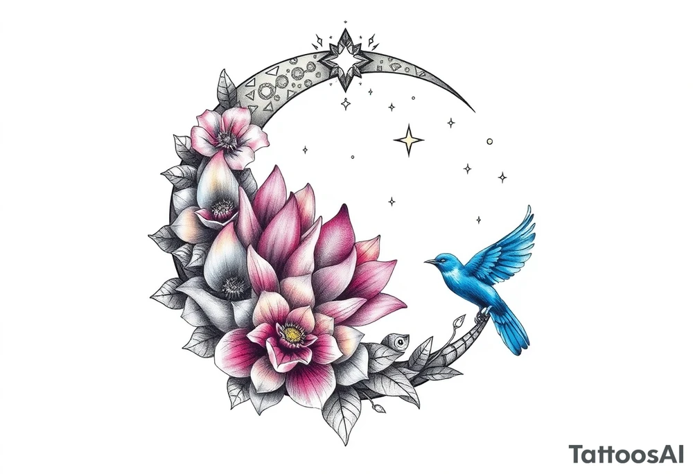 crescent floral moon with lotus flower and celestial and blue birds tattoo idea