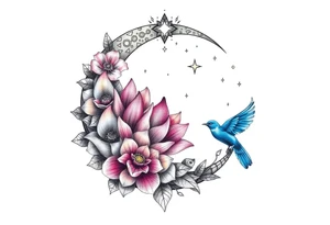 crescent floral moon with lotus flower and celestial and blue birds tattoo idea