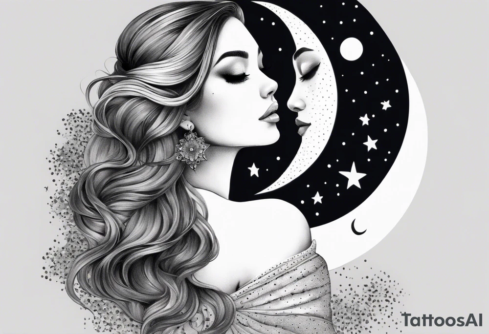 Beautiful woman with butterflies in her long wavy hair sitting on a half moon, with a moon and star background tattoo idea