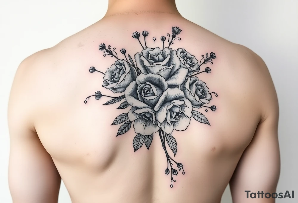 vintage bouquet of wild roses and meadow flowers with morning dew tattoo idea