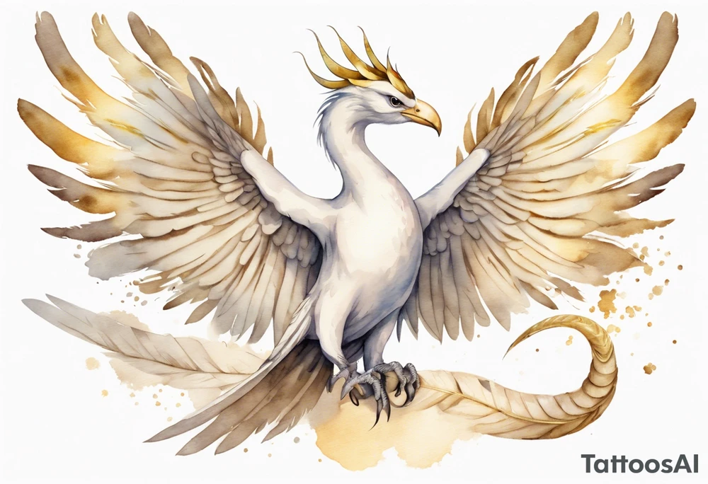 a watercolor of a white bird-serpent hybrid wearing a plain crown, with light gold wing feathers, flying in the sky tattoo idea