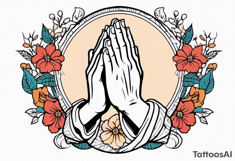 praying hands

old school vintage simple traditional design with vintage flowers surrounding
bold color simple tattoo idea