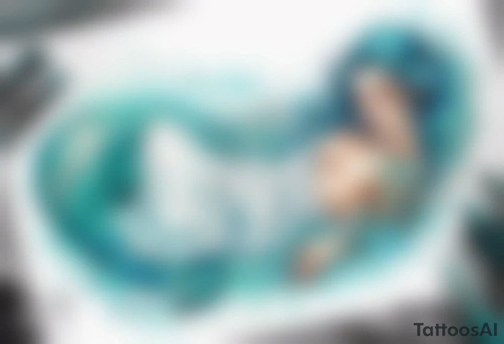 A beautiful undine with turquois scales wearing a white robe, laying on the shore tattoo idea