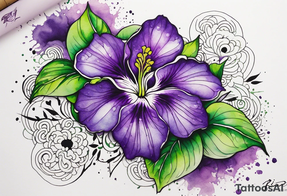 A mystical outline of a green and purple rio dipladenia flower and a green and purple watercolor splash in the background tattoo idea