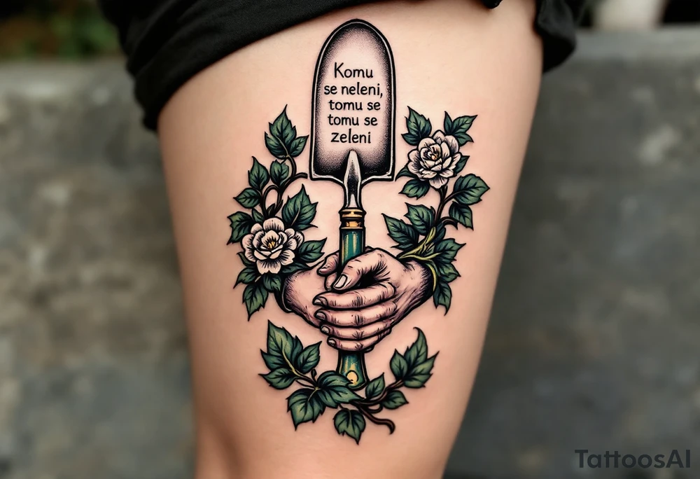 "Komu se neleni, tomu se zeleni." — Lush green vines wrapping around a pair of hard-working hands holding a trowel, with the phrase blooming along the handle. tattoo idea