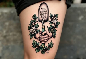 "Komu se neleni, tomu se zeleni." — Lush green vines wrapping around a pair of hard-working hands holding a trowel, with the phrase blooming along the handle. tattoo idea