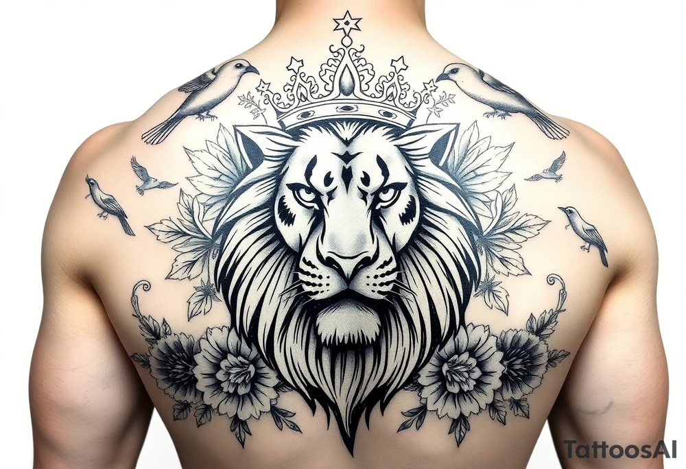 powerful majestic lion with a crown, surrounded by floral ornaments and birds tattoo idea