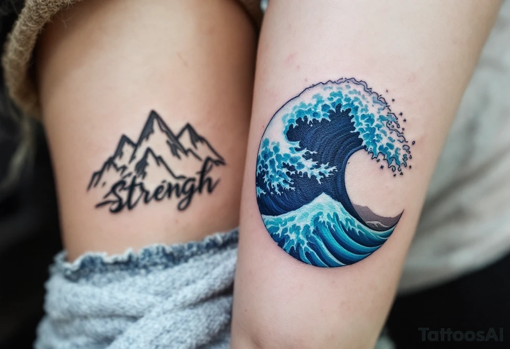 One wears a mountain range in earthy gray tones, and the other an ocean wave in blue and teal, representing strength and flow. tattoo idea