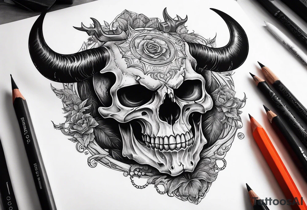 Devil skull  with hollow eyes and  horns holding the earth tattoo idea