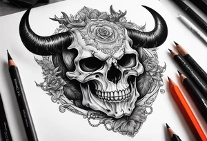 Devil skull  with hollow eyes and  horns holding the earth tattoo idea