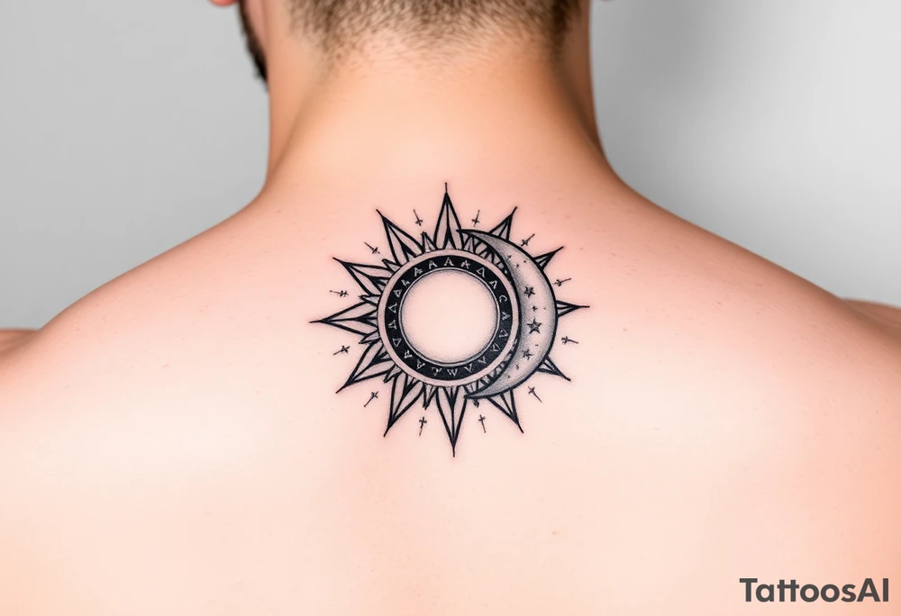 celestial sun and moon embrace with constellation patterns simple tattoo idea