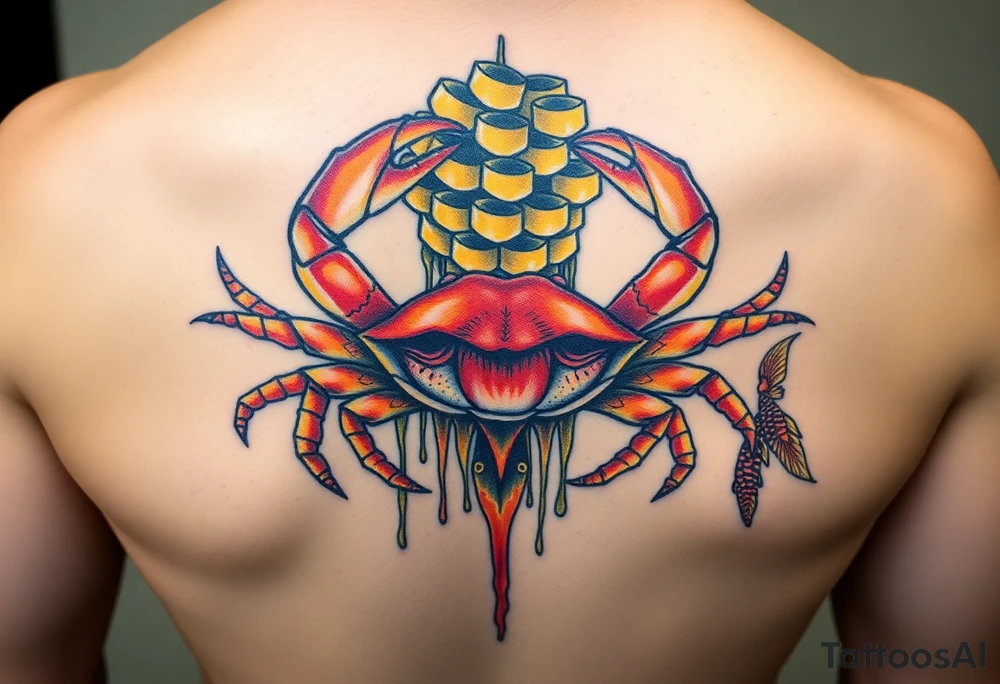 Powerful crab surrounded by dripping honey comb and coi fish tattoo idea