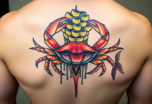Powerful crab surrounded by dripping honey comb and coi fish tattoo idea